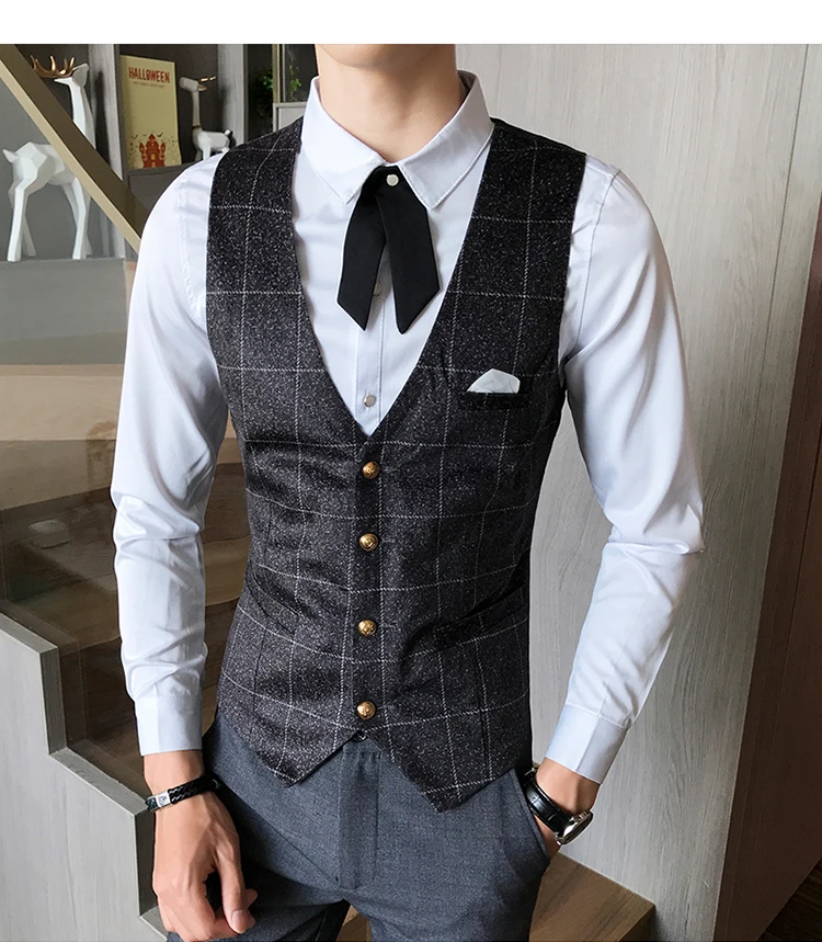 Plaid Suit Dress Vest For Men Casual Slim Fit Waistcoat Mens