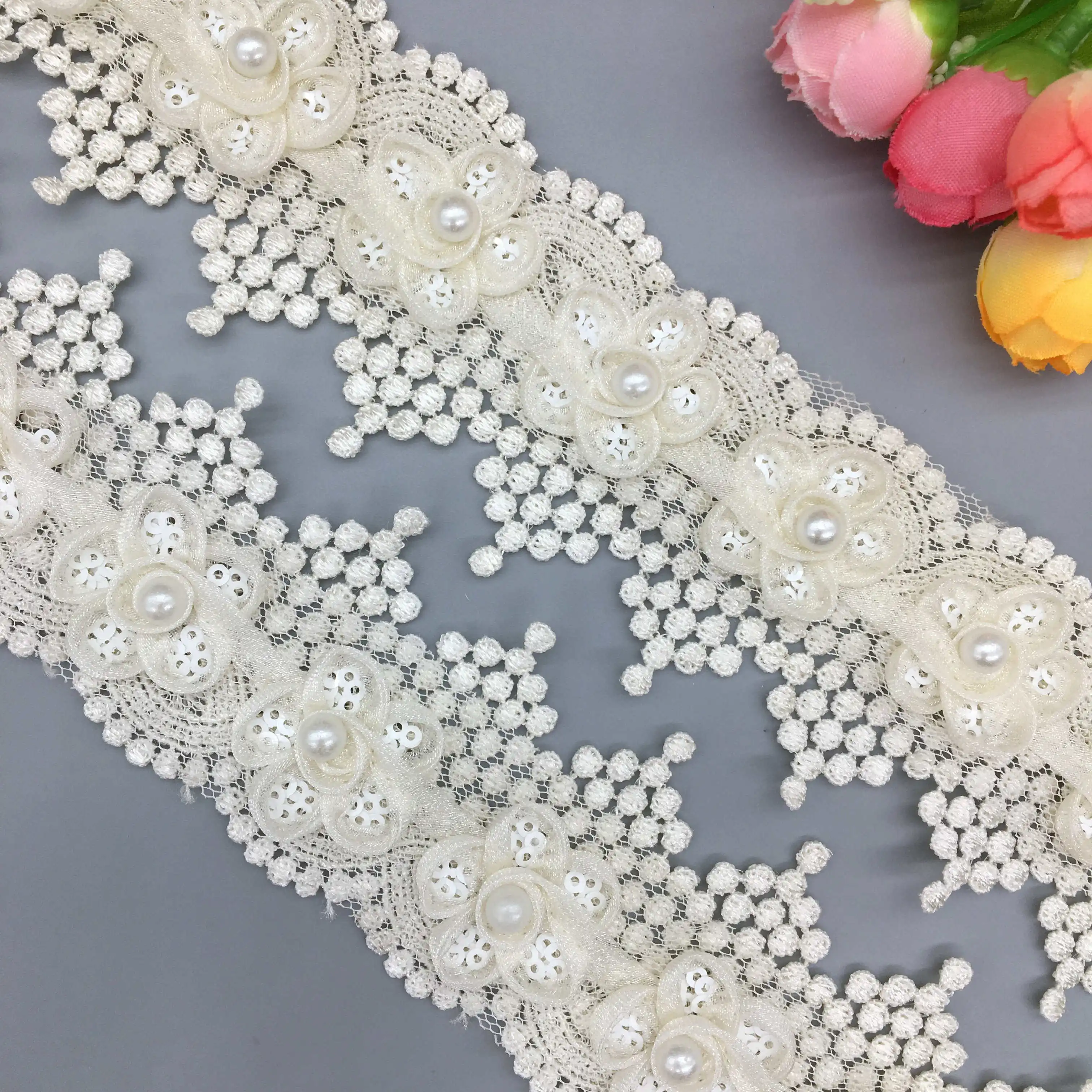 1 yd Leaves Flower Pearl Lace Edge Trim Wedding Ribbon Applique DIY Sewing Craft 