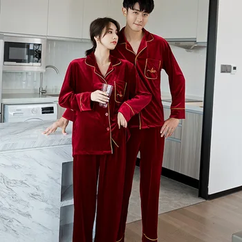 

Couple Long Sleeve Gold Velvet Pajamas Suit Ins Trousers Casual Pajamas Korean Velour Cardigan Men's Home Wear Pajamas