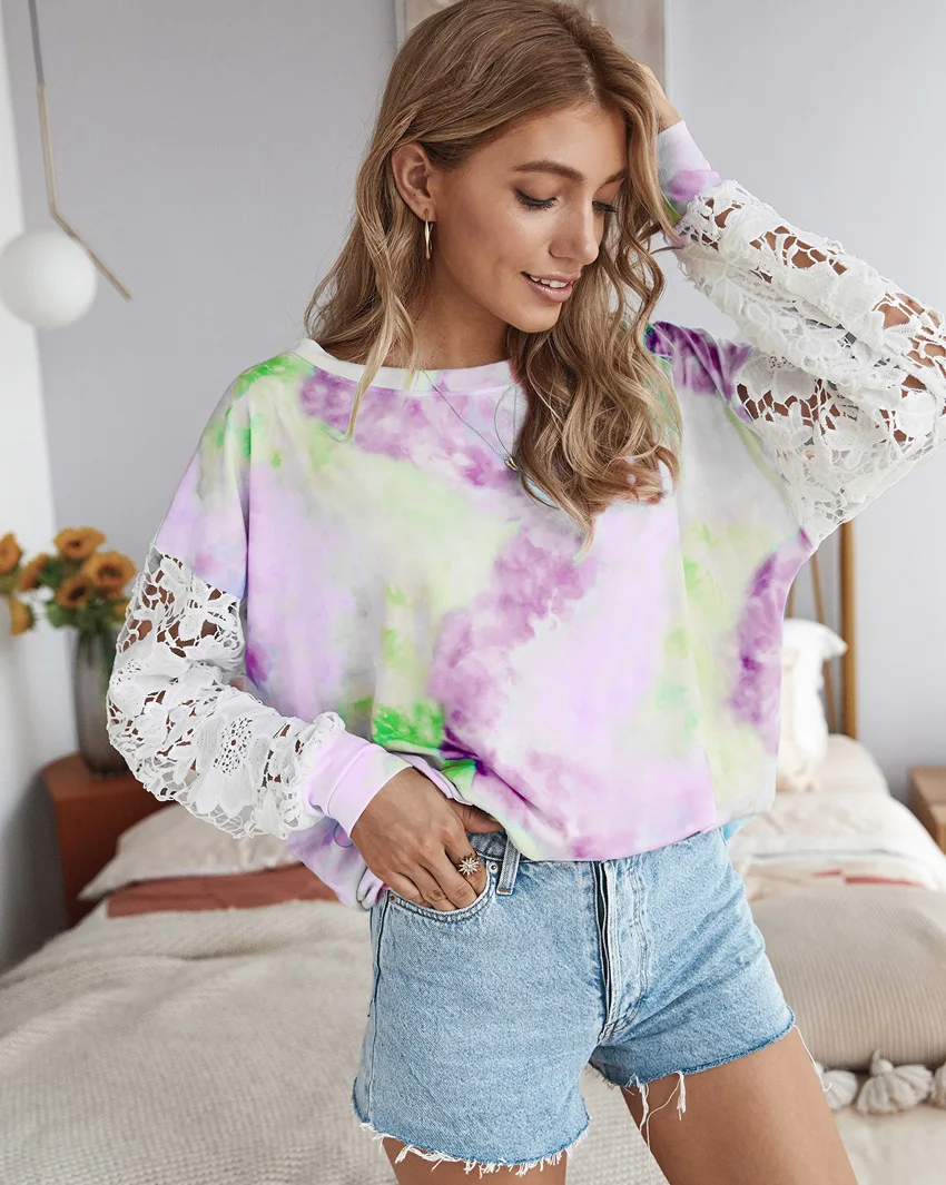 Jessie Vinson Long Sleeve T Shirt Women Chic Lace Sleeve Tie Dye Print Tshirt Autumn Casual Loose Tops Female Tee Clothing 2020