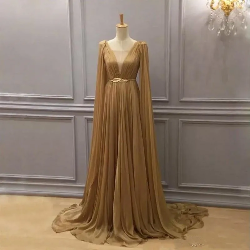 gold-chiffon-arabic-formal-dresses-evening-wear-with-cape-plunging-neck-evening-gowns-dubai-a-line-chiffon-pleated-floor-length-prom-dress