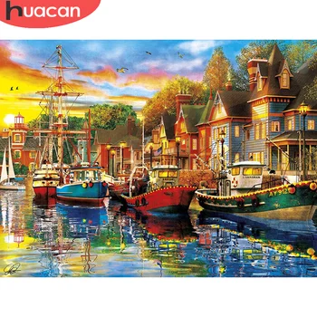 

HUACAN 5D Diy Diamond Painting Seaside House Full Drill Diamond Art Embroidery Landscape Mosaic Handmade Home Decor