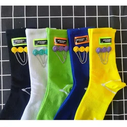 2021 Spring and Autumn New Cloth Label Pin Chain Personality Trendy Ladies High Tube Socks Harajuku Accessories