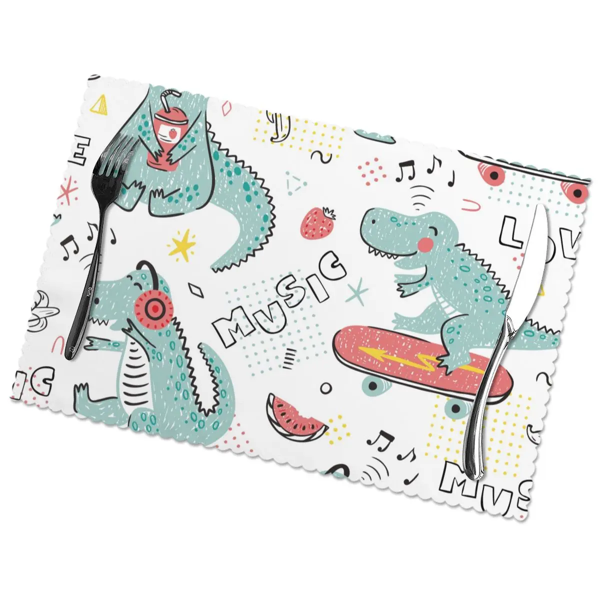 6 PCS Placemat Table Mat Funny Music Lover Dinosaur For Tables Heat insulation Linen Kitchen