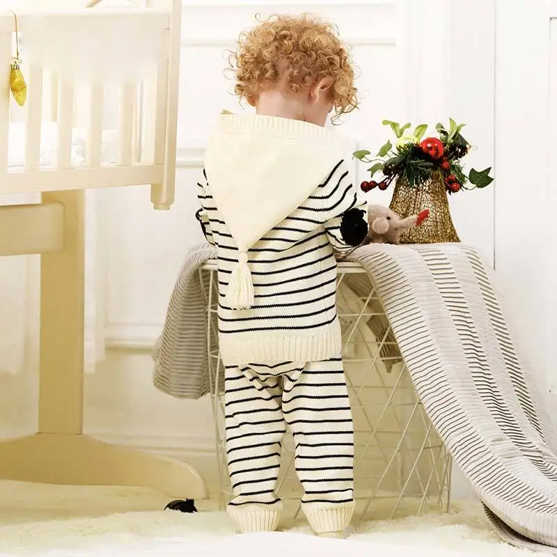 New Baby Girl Autumn Knitted Set Toddler Boy Striped Hooded Sweater+Elastic Waist Pants Warm Sport Suit 12M-3Y Kids Clothes Sets (4)