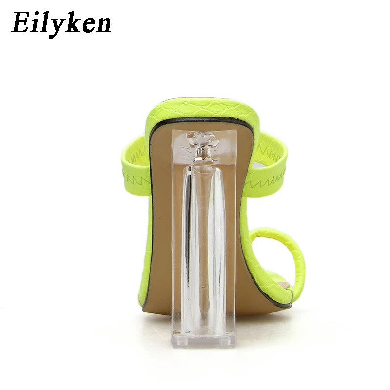Eilyken; модные флуоресцентные зеленые прозрачные женские шлепанцы на квадратном каблуке с кристаллами; босоножки на высоком каблуке; туфли-лодочки без задника с открытым носком