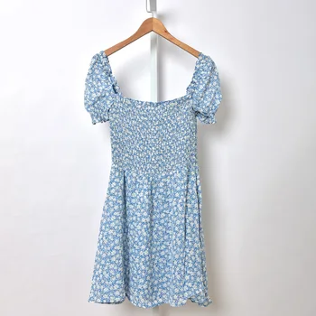 

Spring Summer Women Floral Printed Short Dress Slash Neck Elastic Lady Puff Sleeve Dresses