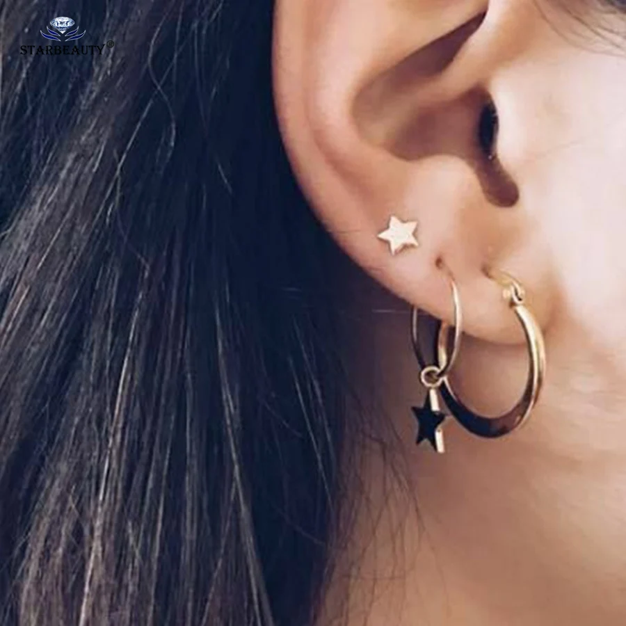 

Starbeauty 4 pcs/lot Gold Color Hoops Little Star Earrings Set Ear Piercing Helix Dangle Earrings Women Fake Piercing Jewelry