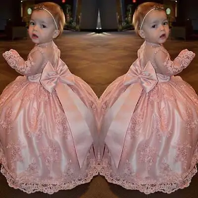 

Pink Lace Appliques Ball Gown Flower Girl Dress Kids Pageant Gowns Long Sleeves