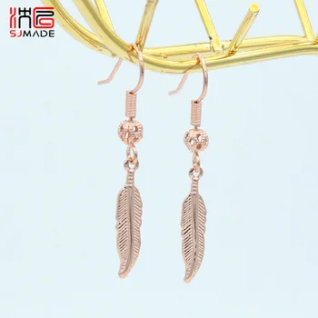 

SJMADE Korean 2020 Fashion Little Feather Dangle Earrings 585 Rose Gold Champagne Gold Ear Hook For Women Girl Wedding Jewelry