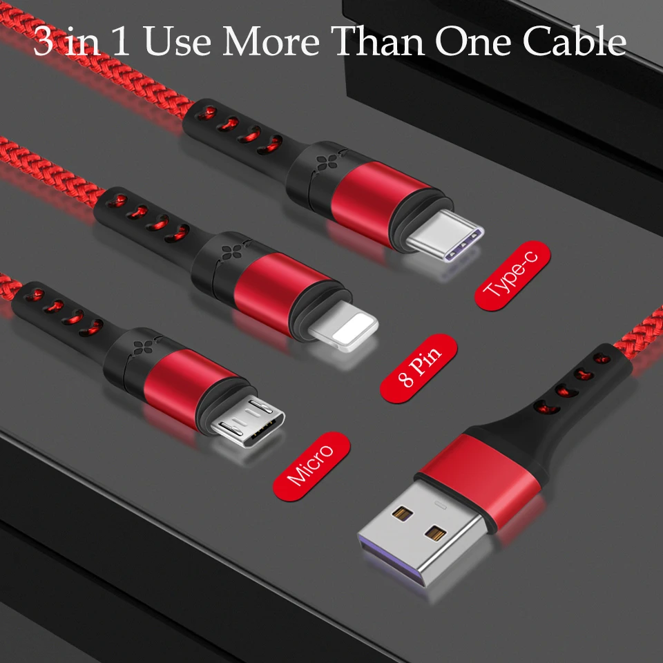 

USB Cable For iPhone 11 X 8 7 6 3 in 1 Type C / Micro USB For iPhone 3A Fast Charging Charger Mobile Phone Cable for Android IOS