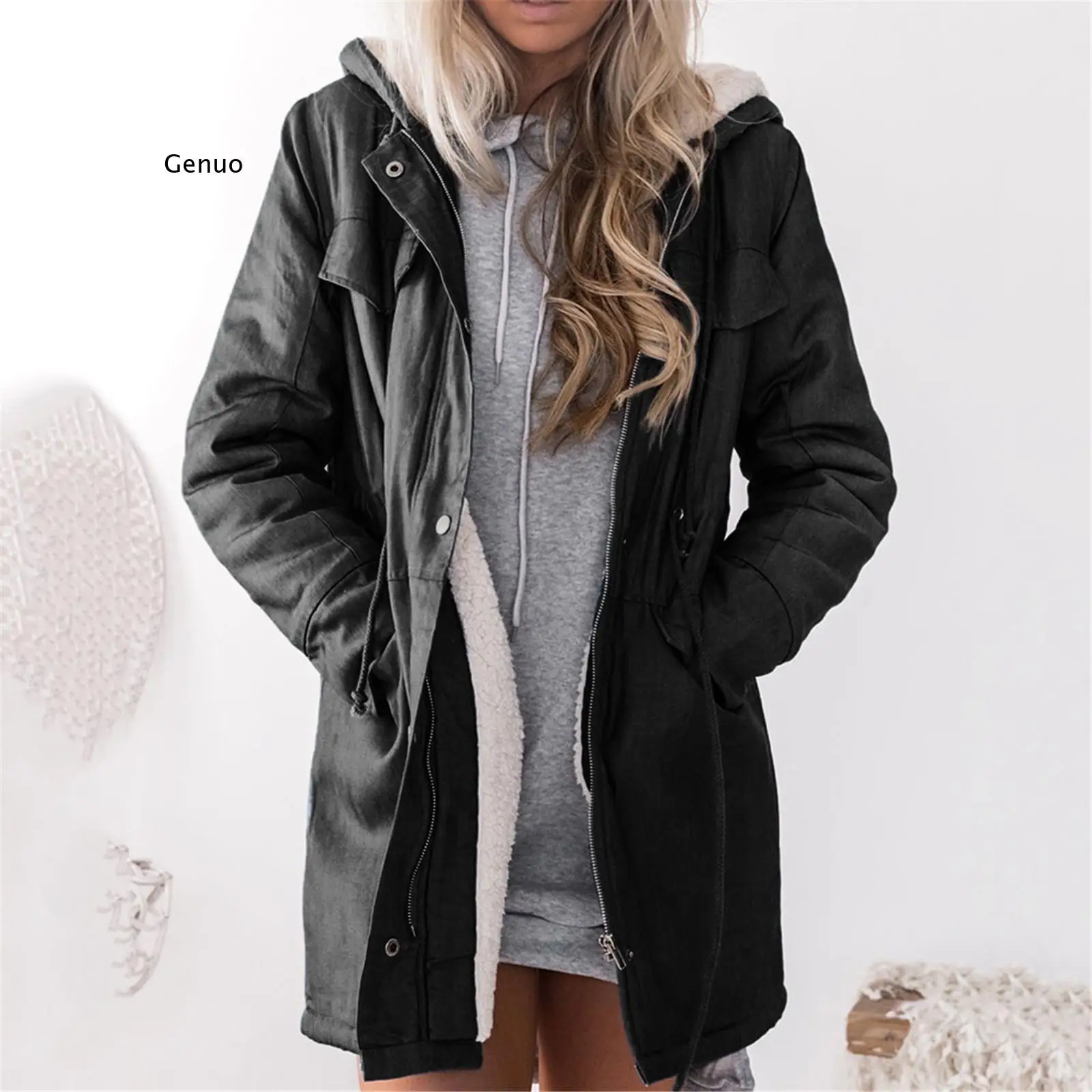 

Women's Hooded Jackets Female Jacket Plush Coat Casual Long Sleeve Denim Jacket Long Jean Outwear Overcoat Feminine CoatG