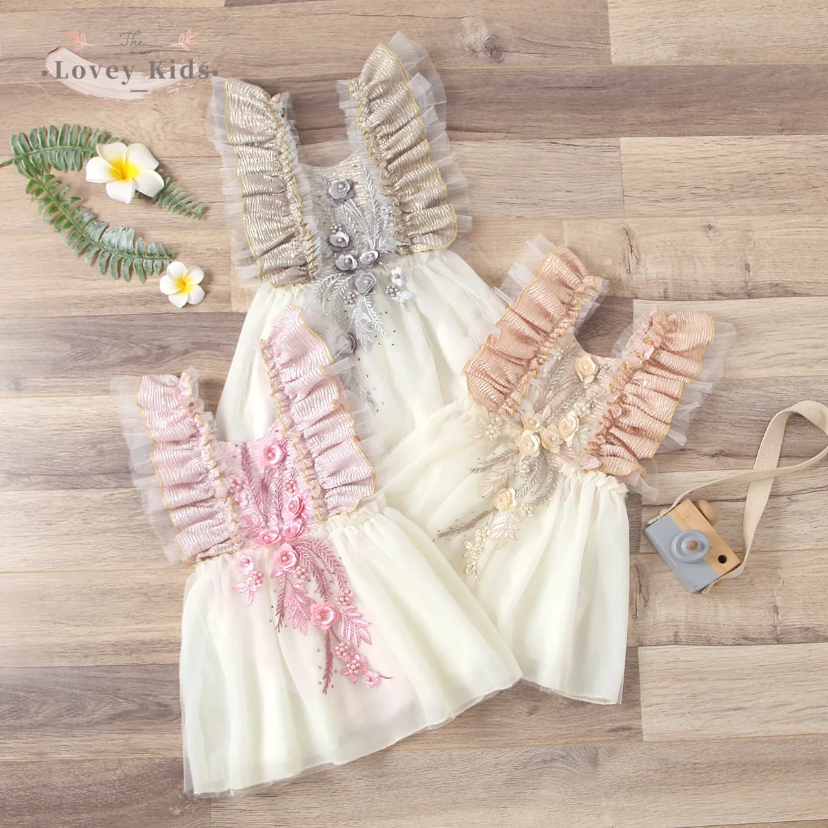 

2021 Spring Baby Girl Dress Ruffle Floral Beading Mesh Patchwork Short Sleeve Square Neck Tutu Princess Mini Dresses 0-24M