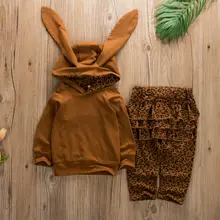 Одежда с леопардовым принтом для маленьких девочек, худи с заячьими ушками+ штаны, комплекты одежды, спортивный костюм