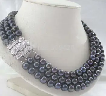 

Free Shipping Zircon clasp - AAA 17-19" 3row 8-9mm black round freshwater pearl necklace