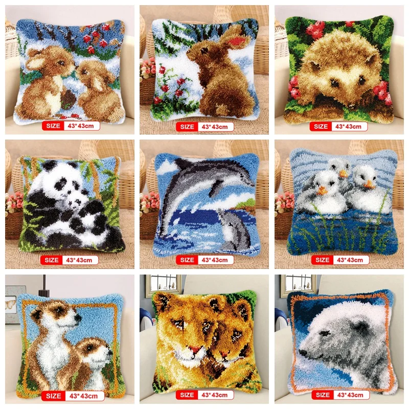 

DIY Dropshipping Latch Hook kits Pillow animal Panda Lion Handmade Printed Canvas Cushion Latch Hook Kits Unfinished accessories