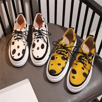

New Platform Lace-up Loafers Leather Horsehair Single Shoes Leopard Print Flat Casual Shoes 2020 Spring Autumn Women Snealers