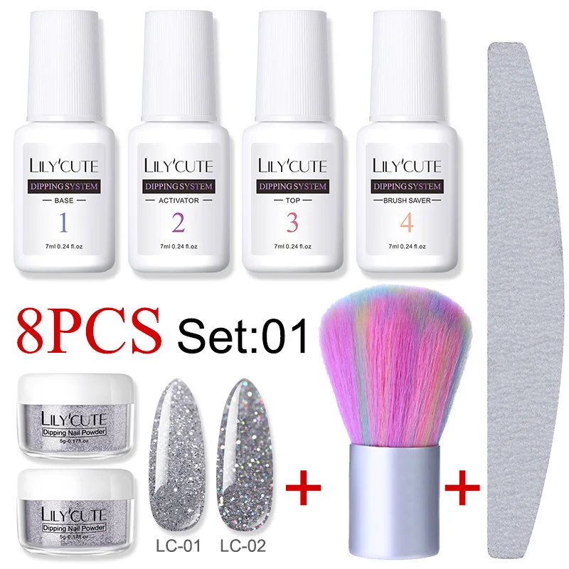 

LILYCUTE 8Pcs/set Holographic Dipping Nail Glitter Powder Kits Gradient French Nail Natural Color Pigment Dry Without Lamp Cure