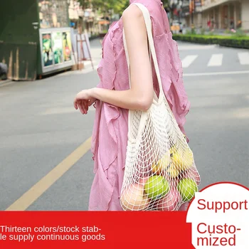 

Diysomes Shopping Bag No Zipper Cloth Fashion Woven Net String Grocery Shopper Tote Cotton Women Pocket Reusable Fruit Green