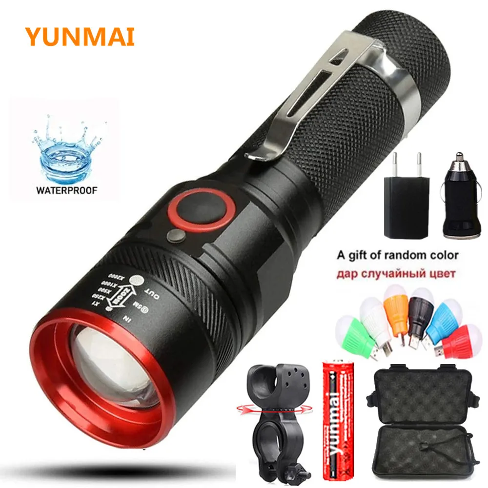 2021new LED Rechargeable Flashlight Mini XML-T6 Flashlight Zoomable 3modes for 18650 with USB cable Camping/Biking bicycle clip