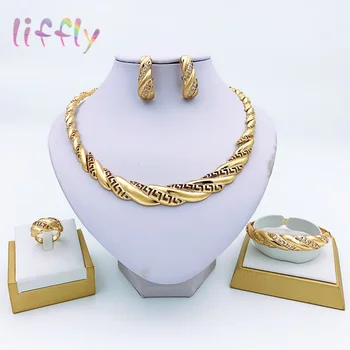 

Liffly Indian Fashion Jewelry Sets Necklace Bracelet Earrings Ring Party Elegant Women Jewelry Set African Wedding Jewelry