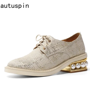 

autuspin Latest Women Lace Up Pumps 2020 Autumn Elegant Pearl Mid Heels Shoes Female Basic Chunky Casual Round Toe Shoes Woman