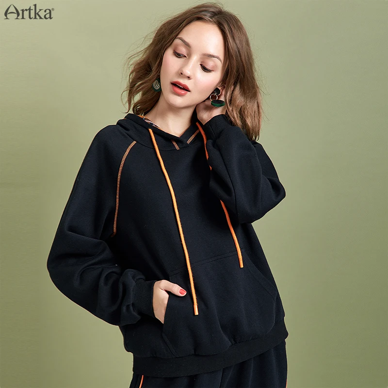  ARTKA 2019 Autumn Winter New Women Hoodies Fashion Black Simple Sweatshirt Loose Casual Pullover Ho