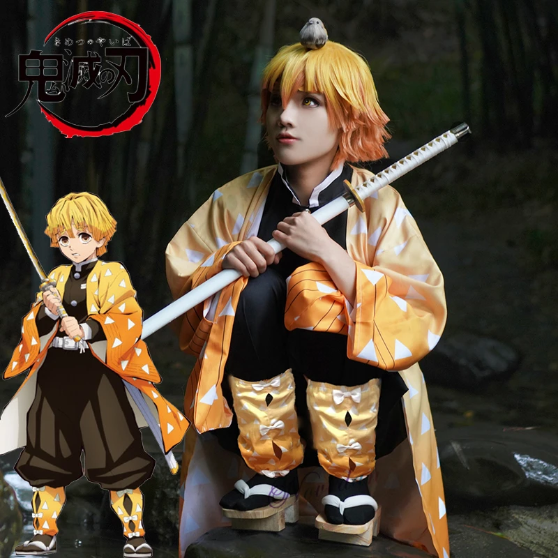Японское аниме Demon Slayer Kimetsu no Yaiba Agatsuma Zenitsu карнавальный костюм мужское кимоно