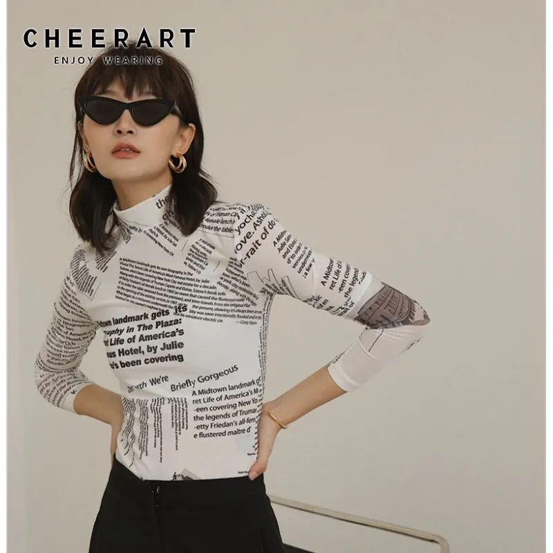 

Cheerart Turtleneck Mesh Blouse Newspaper Print Tunic Sheer Top Long Sleeve White Blouse Basic Top Women Clothing
