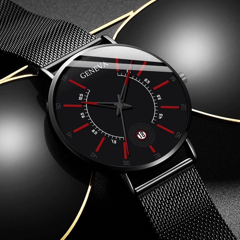 

GENEVA Mens Fashion Business Minimalist Watches Ultra Thin Stainless Steel Mesh Belt Analog Quartz Watch Relogio Masculino