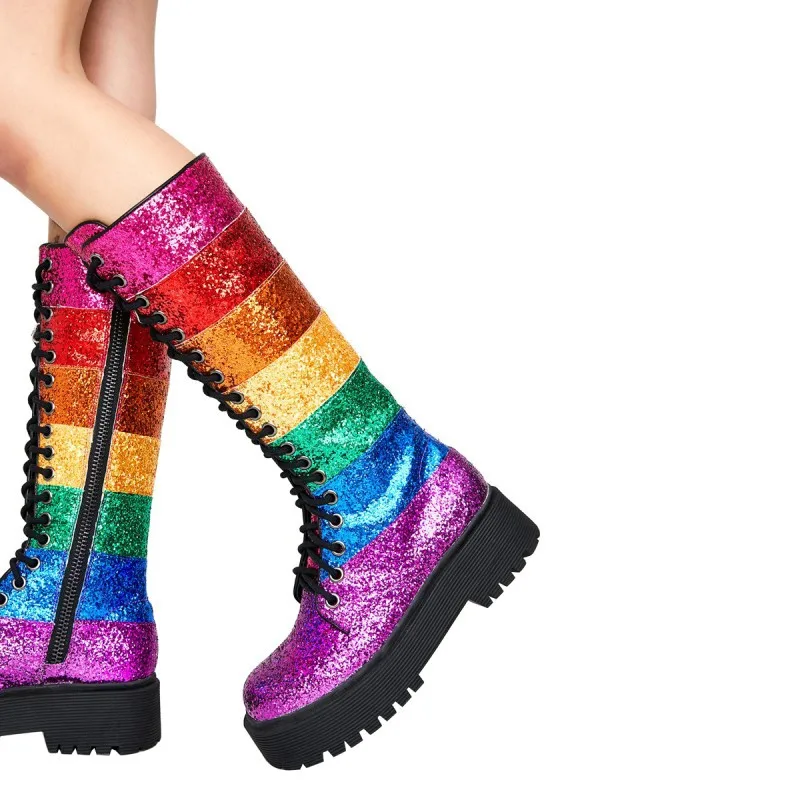 Rainbow Color Stripe Patchwork Bling Bling Boots Woman Thick Platform Sole Lace Up Multi Sequins Martin Boots Patchwork Bottine