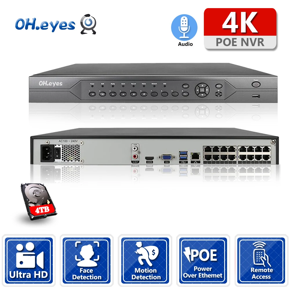 OH.eyes New H.265 Max 4K Output CCTV NVR 16CH 8MP Security Video Recorder H.265 Motion Detect P2P CCTV NVR Face Detection