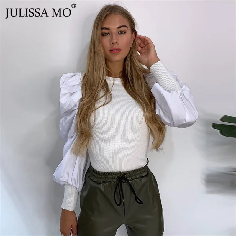 Julissa mo белая элегантная Офисная Женская футболка с пышными рукавами, женские осенние трикотажные футболки с длинным рукавом, женские облегающие вечерние топы