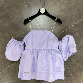 

2020 New Summer Fashion Sexy Diamonds Shoulder Strap Pull Shoulder Puff Sleeve Loose Solid Color Shirt Women K085
