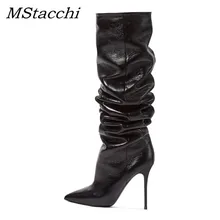 MStacchi/женские Сапоги выше колена с натуральным слоем; женские высокие сапоги до колена с острым носком на высоком каблуке; женская обувь