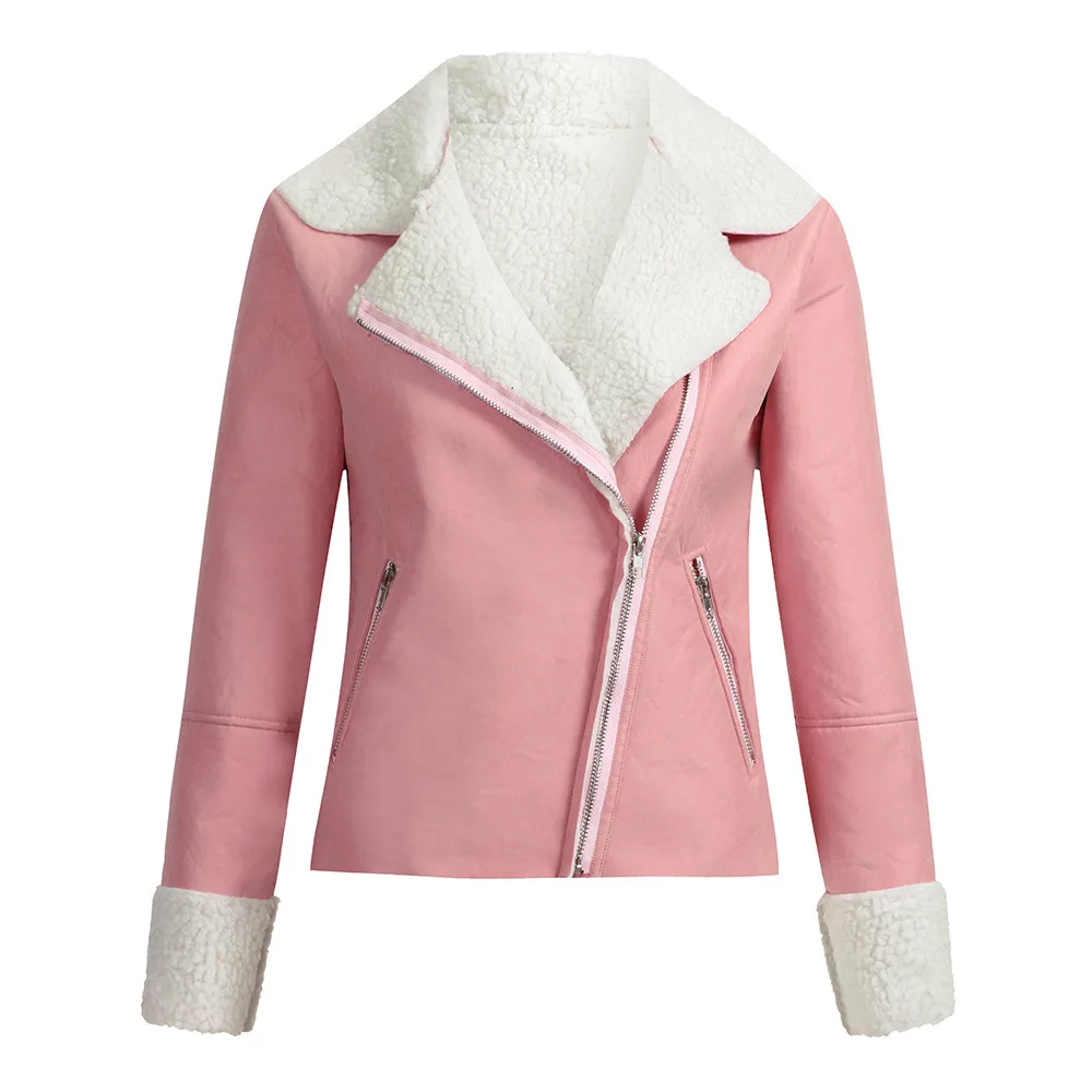 Осенне-зимние женские куртки с отворотом из замши с пряжкой, крутая куртка-пилот из искусственной овечьей шерсти, шерстяные мотоциклетные куртки Chaqueta Mujer - Цвет: Pink