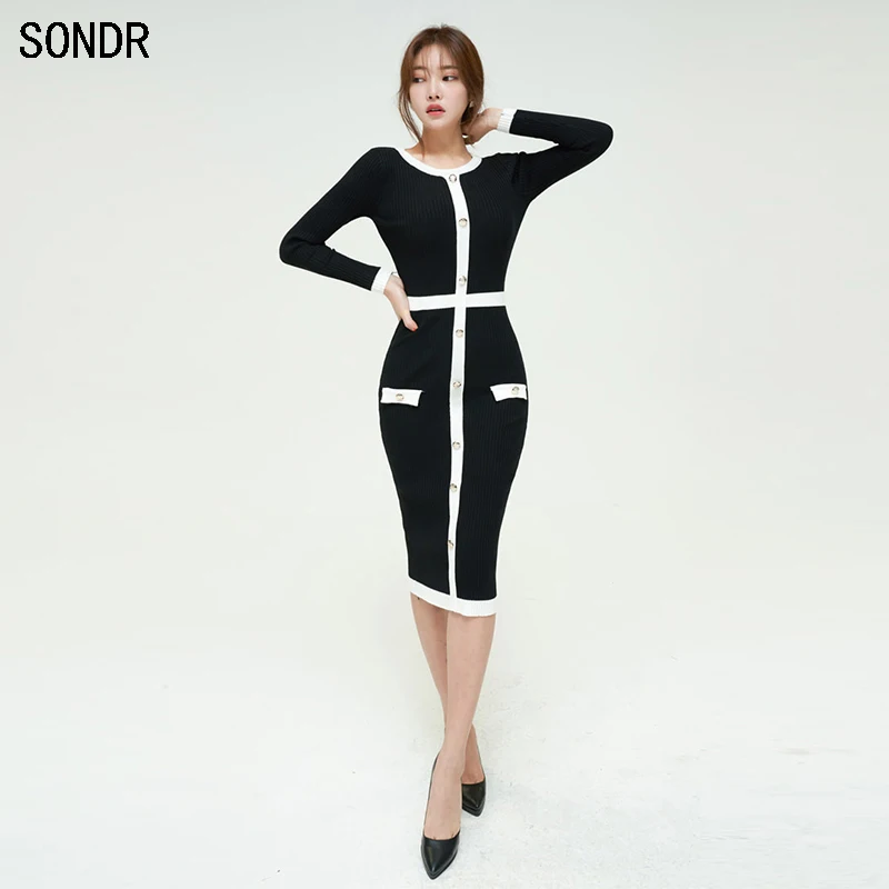 

Women Elegant Autumn Classy Office Dress Korean Version Long Sleeves Pack Hip Dresses Casual Knitted Sweater Slim Bodycon Dress