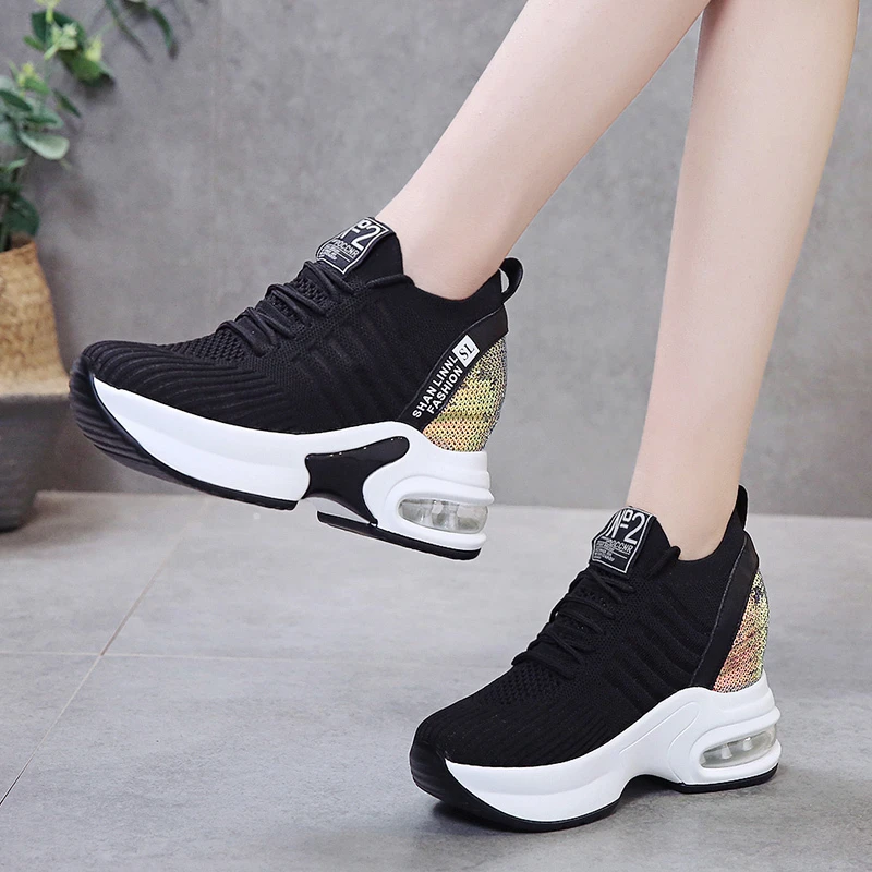 Baskets A Talons Epais De 9cm A Paillettes Pour Femmes Chaussures A Plateforme Et Filet A Enfiler Nouvelles Baskets Pour Femmes Aliexpress