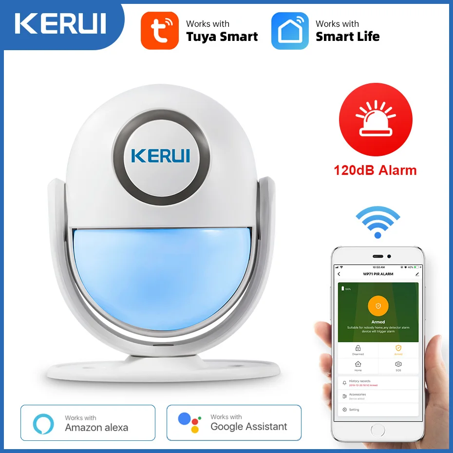 Photo Product KERUI Tuya Smart Home Security WIFI Alarm System Works With Alexa 120dB PIR Detector Door/Window Sensor Wireless App Burglar