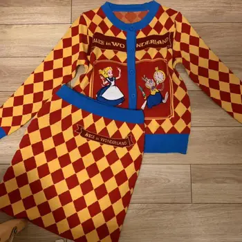 

2 pieces knitted set women jacquard knit diamond argyle pattern kawaii cartoon Alice Rabbit embroidered sweater skirt suit