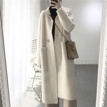 

2020 Winter Woman Wool Cashmere Solid Loose Coat Jacket Women Woolen Simple Coat Elegant Lady Long Blend Coats Cardigan