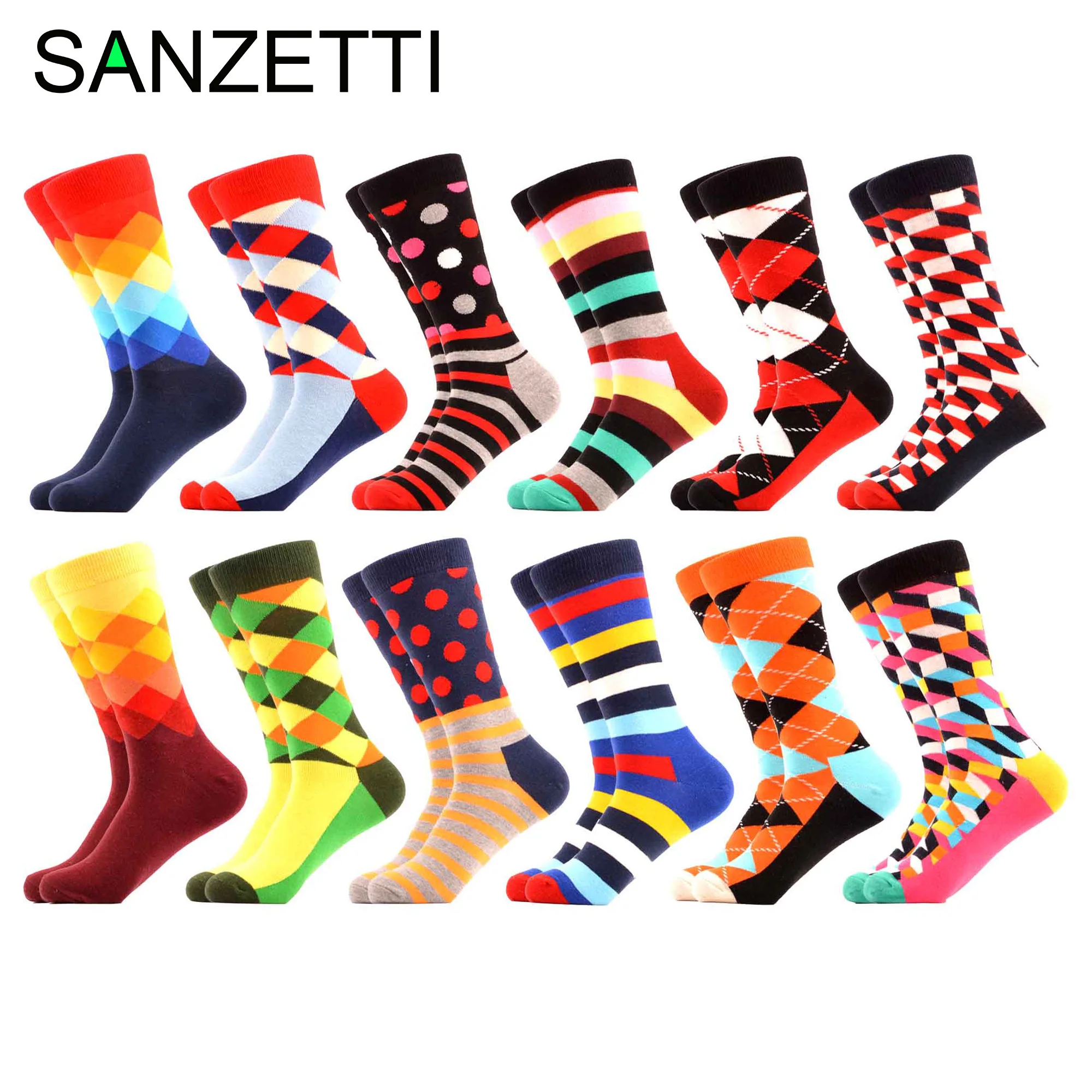 

SANZETTI 12 Pairs/Lot Men Combed Cotton Cocks Casual Colorful Dress Happy Tube Socks Striped Plaid Comfortable Party Gift Socks