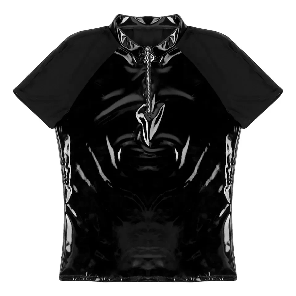 Mens Sexy Shiny Leather T-Shirt Erotic Sheath Wetlook Latex Coat Male Glossy Metallic PVC Leather Jacket Porn Short-sleeved Tops sports jersey