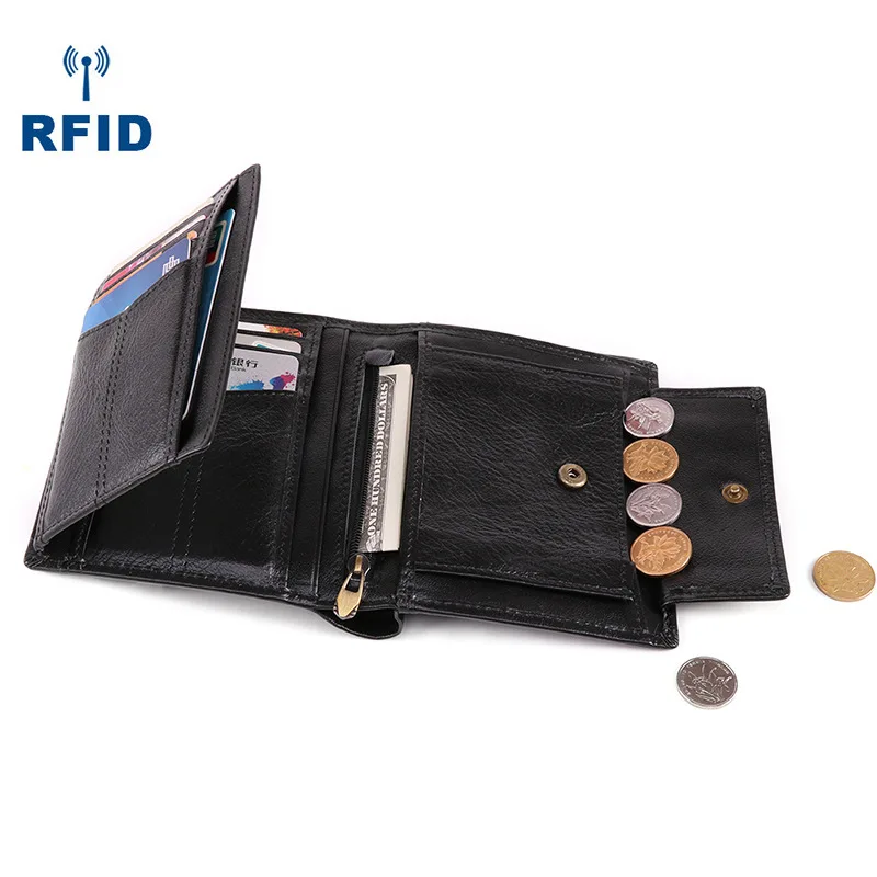 Для мужчин RFID бумажник из натуральной кожи тройного сгиба многопозиционная Повседневное светильник-Вес короткий кошелек мужской карты монета рукоятки карман на молнии