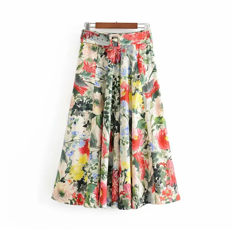 

2019 Western Style Spring And Summer WOMEN'S Dress New Style Ink Flower Mid-length Printed Skirt A9ms2032