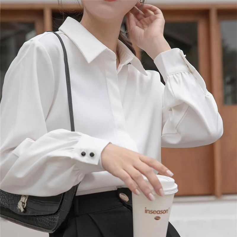 Aelegantmis Soft Office Lady White Shirt for Women Blouse Turn-down Collar OL Woman Blouse Covered Button Design Femme Tops New 6