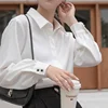 Aelegantmis Soft Office Lady White Shirt for Women Blouse Turn-down Collar OL Woman Blouse Covered Button Design Femme Tops New 6