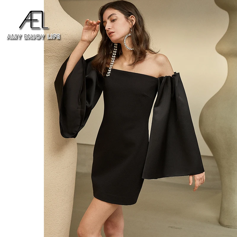 

AEL black Women's Dress Slash Neck Off Shoulder pagoda Sleeve High Waist Mini Party Dresses Female 2020 summer