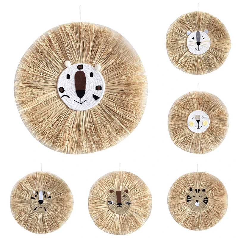 Home Decoration Tapestry Handwoven Cartoon Lion Hanging Decorations Cute Animal Head Ornament Children Room Wall Hanging
