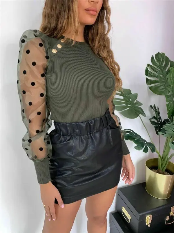 

High Quality Polka Dot Women Mesh Long Sleeve Blouses Office Lady Sheer Puff Sleeve Shirt Button Black Top Sexy See Through Tops